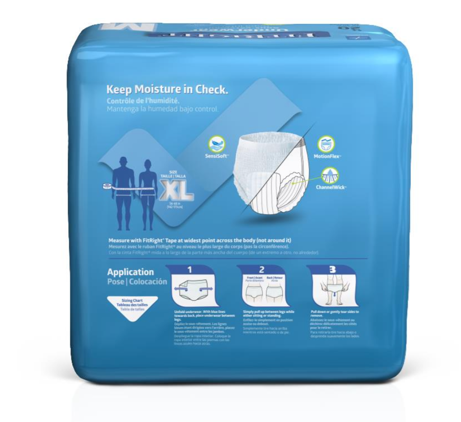 Medline FitRight Extra Protective Underwear (case of 80) Size: X-Large, suitable for waist sizes 56" to 68"