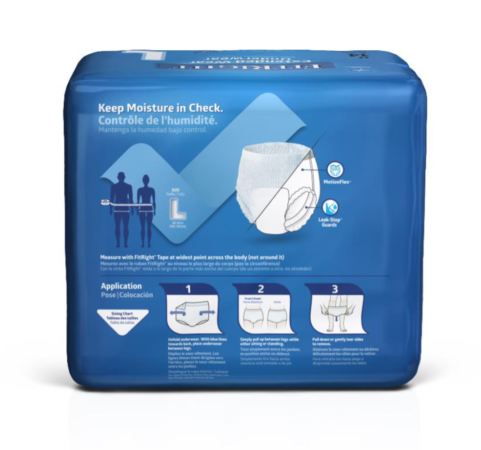 Medline Extended Wear Adult Underwear (bag of 14), Size Large, for Waist Size 40"-56" - BACK