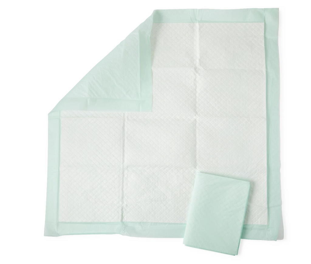 Medline Fluff and Polymer Underpad, Heavy Absorbency (case of 50), with pad size 36" x 36", Color Green, Quilted Texture Design