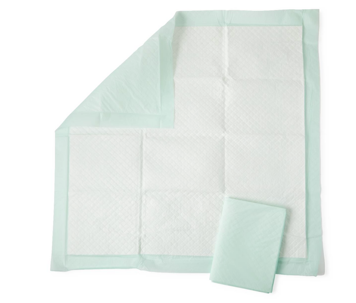 Medline Fluff and Polymer Underpad, Heavy Absorbency (case of 50), with pad size 36" x 36", Color Green, Quilted Texture Design