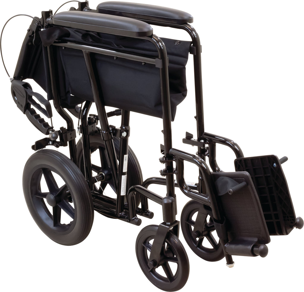 Transport Chair with 12-inch Rear Wheels, Aluminum Frame, Fixed Full-Length Arms and Swing-Away Footrests with Heel Loops